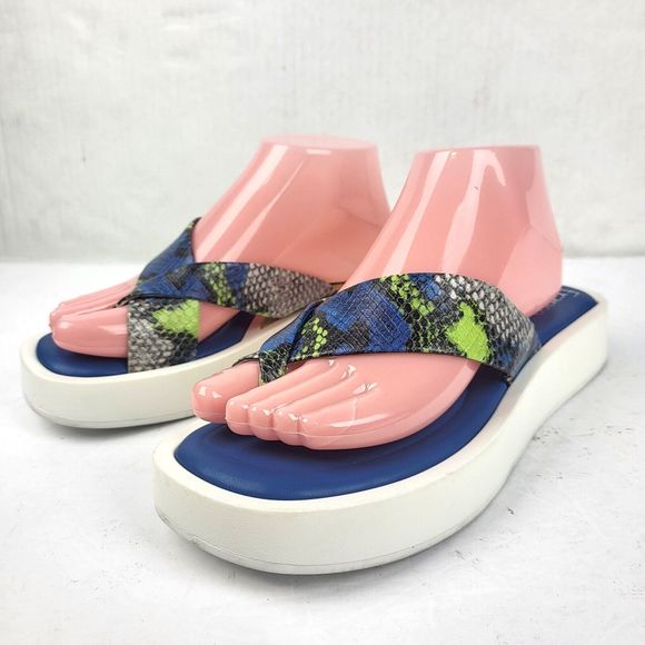 Franco Sarto Jonas Blue Green Snake Print Flip-Flop Sandals - Picture 1 of 16